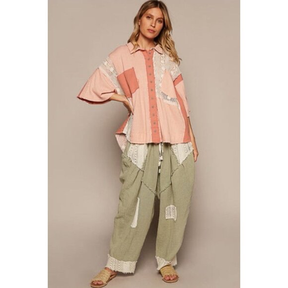 POL Shirt Womens L Oversized Thermal Lace Button Down Top Blush Pink Boho - Picture 11 of 12